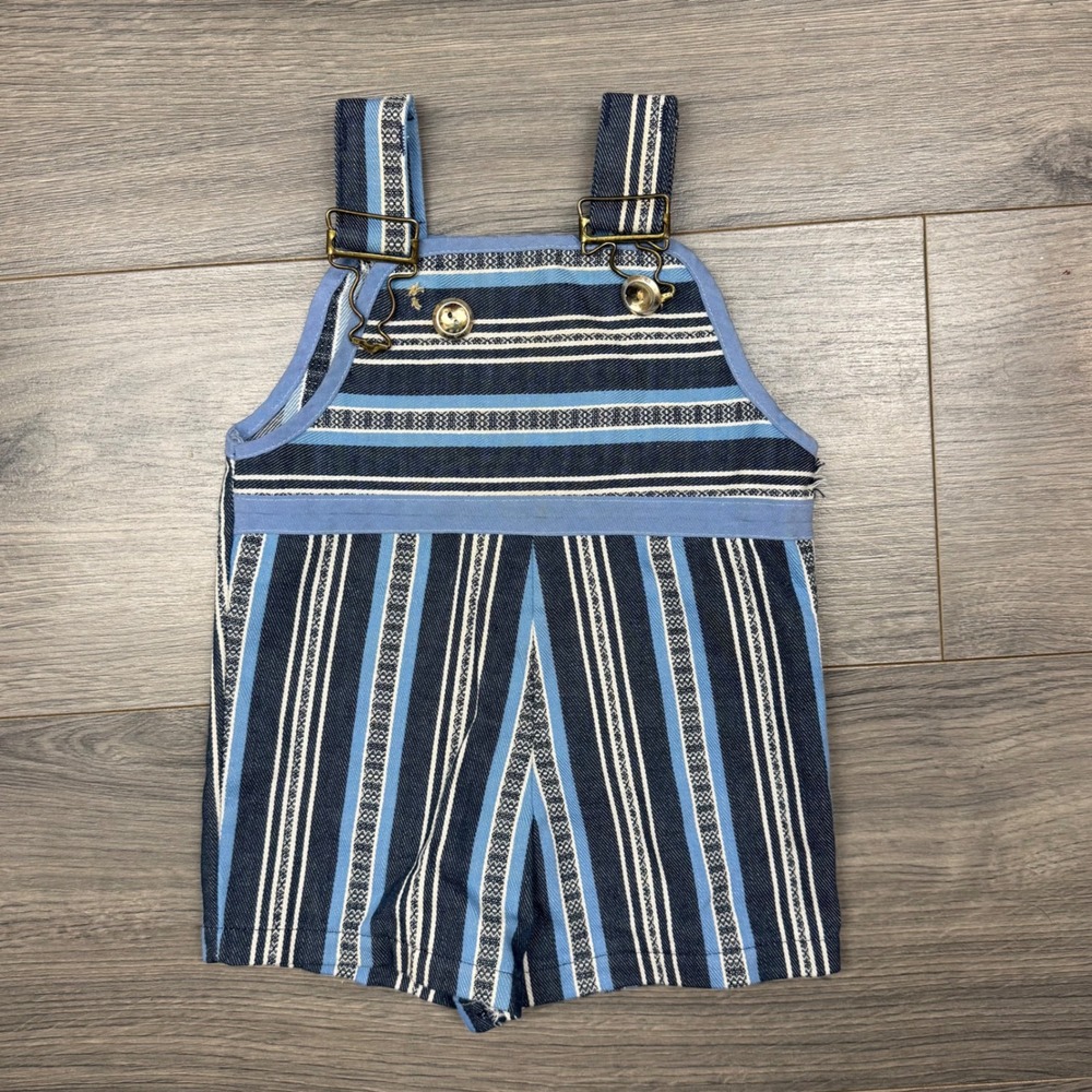 Vintage Baby Overalls 12–18M Blue Stripe‎ Brass Buckle Button Repair Needed